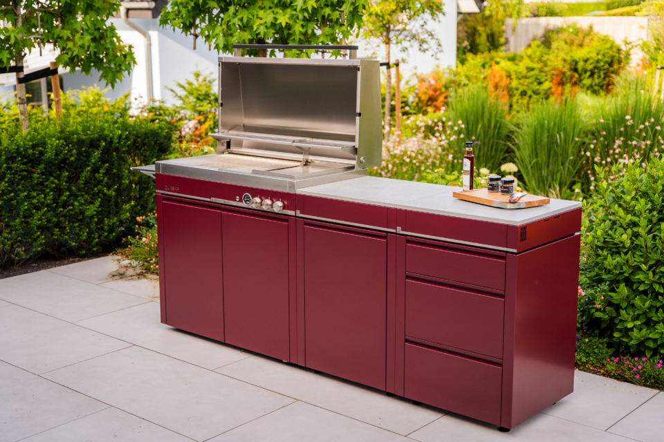 bogason stainless steel Outdoorküche mit Quasar Gasgrill, Schrankmodul und Schubladenmodul